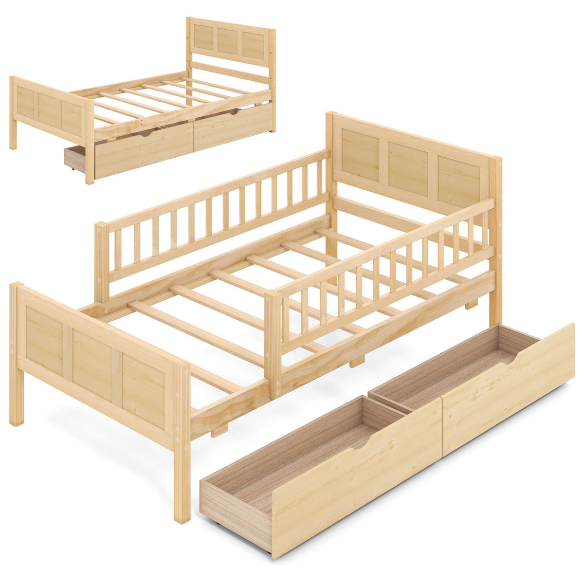 Full/Twin Size Bed Frame with Storage Drawers Natural