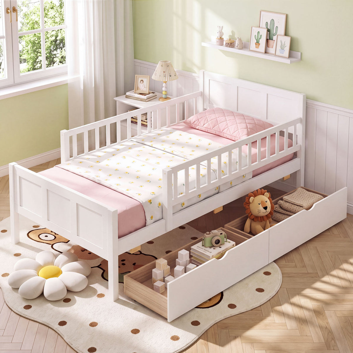 Full/Twin Size Bed Frame with Detachable Guardrails White