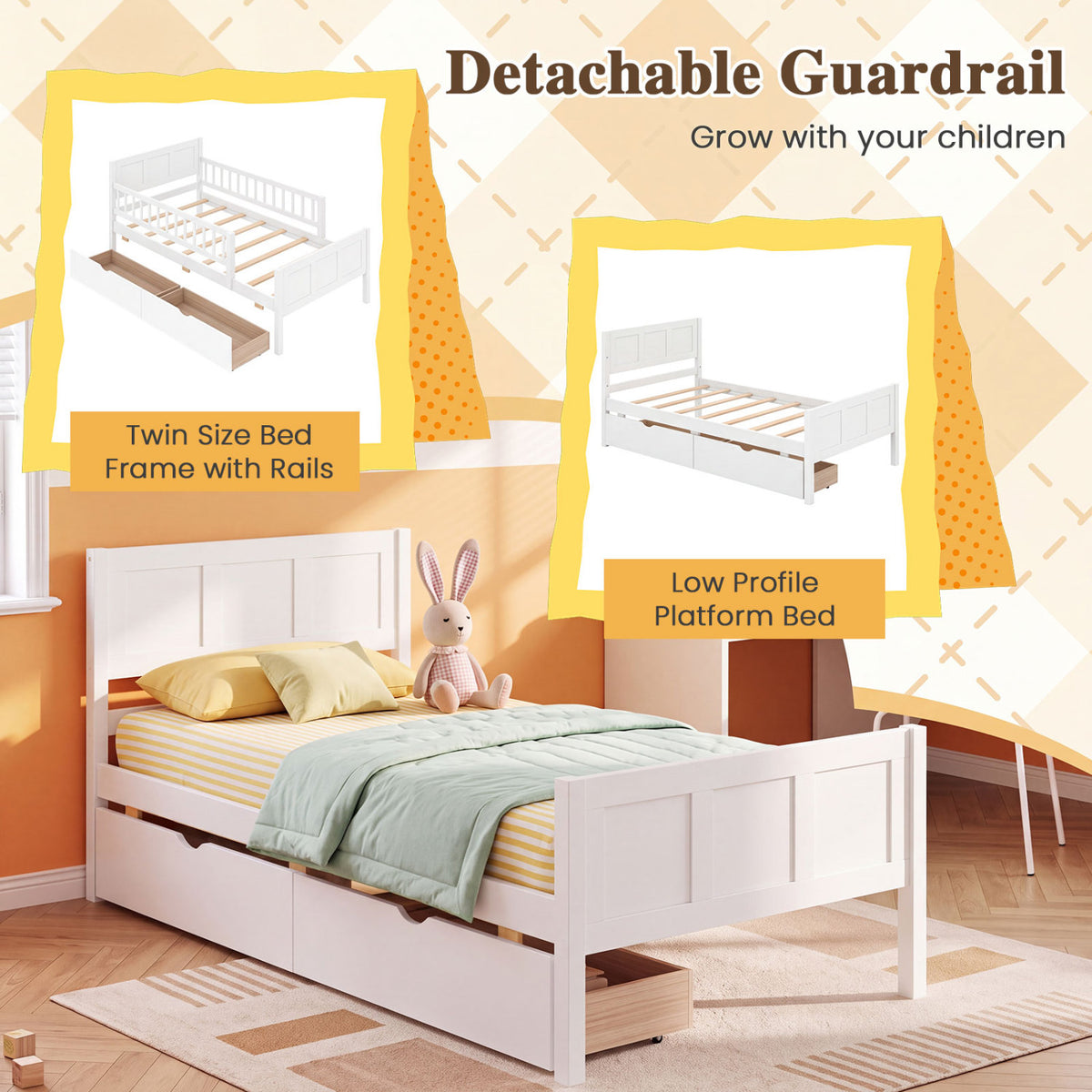 Full/Twin Size Bed Frame with Detachable Guardrails White