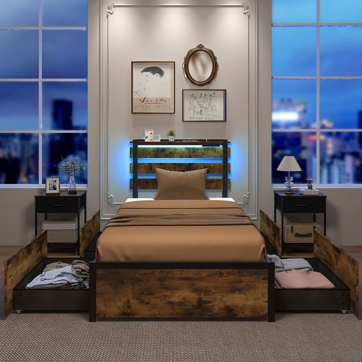 Full/Queen/Twin Size Bed Frame with Drawers LED Lights and USB Ports