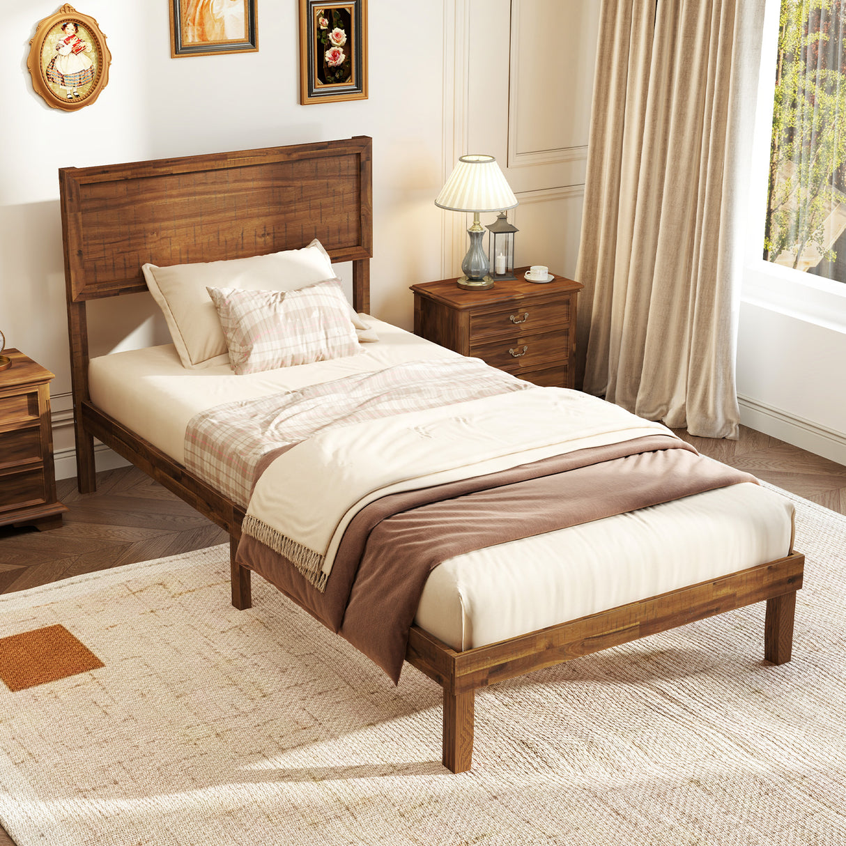 Twin/Full/Queen Size Bed Frame with Headboard and Wooden Slats Support