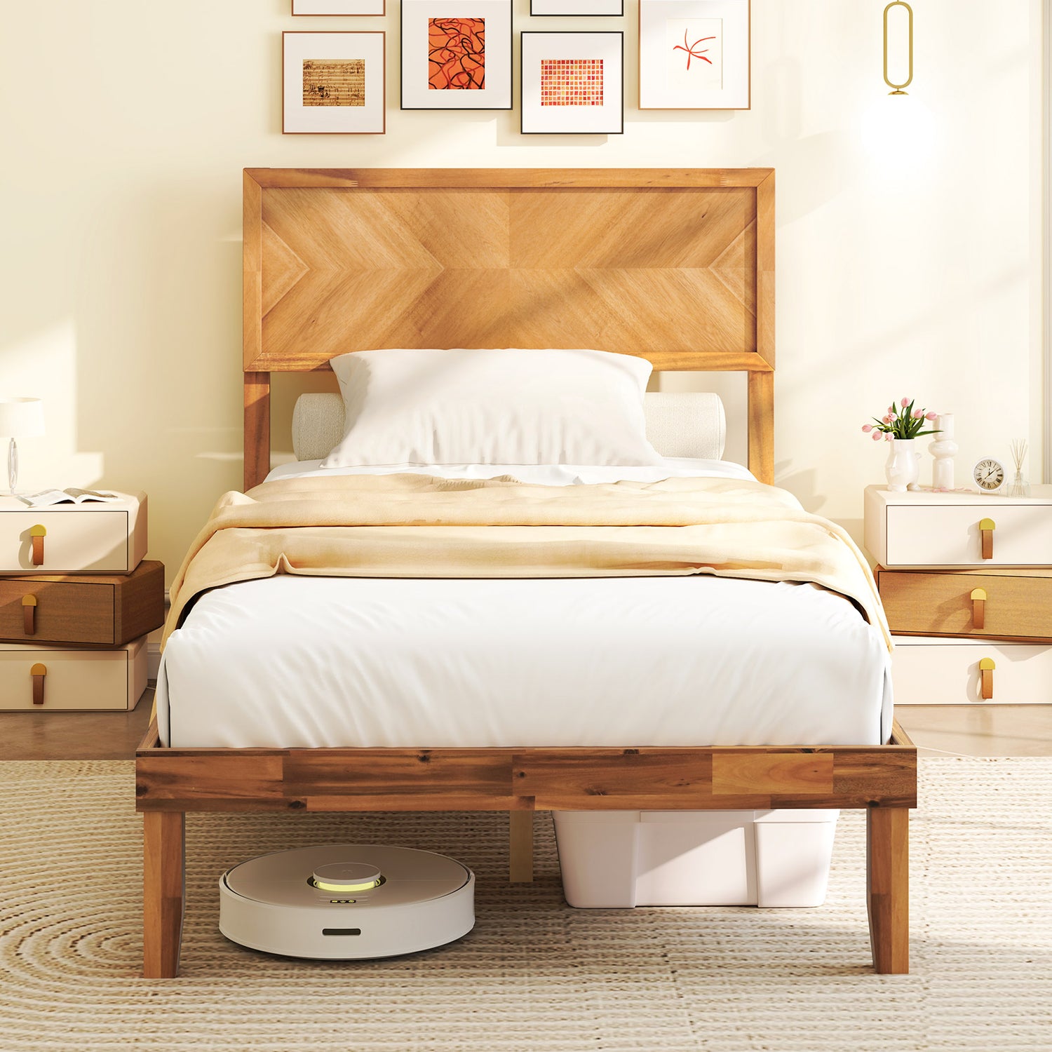 Twin/Full/Queen Size Bed Frame with Headboard and Storage Space