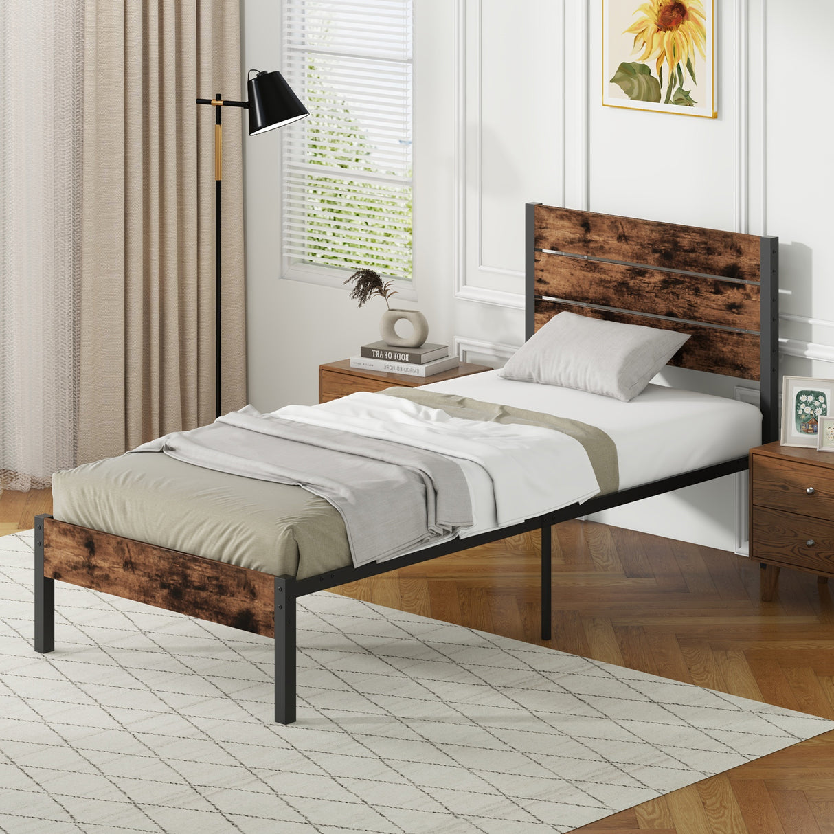 Full/King/Queen/Twin Size Bed Frame with High Headboard and Mute Bar