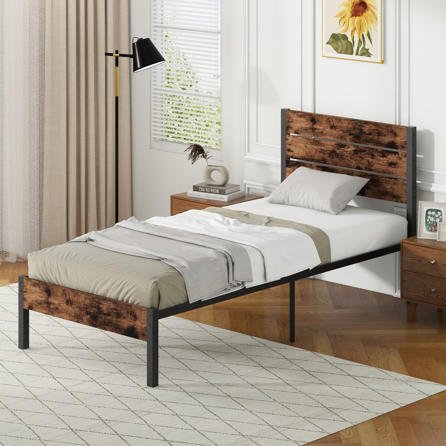 Full/King/Queen/Twin Size Bed Frame with High Headboard and Mute Bar