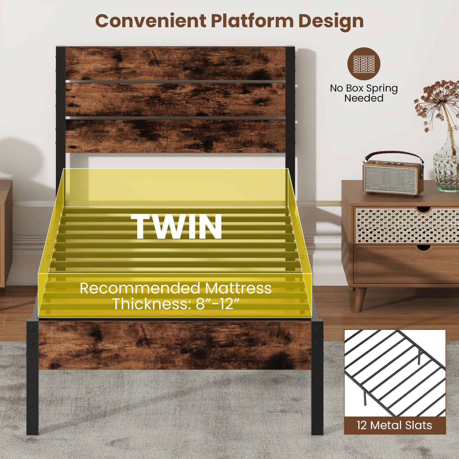Full/King/Queen/Twin Size Bed Frame with High Headboard and Mute Bar