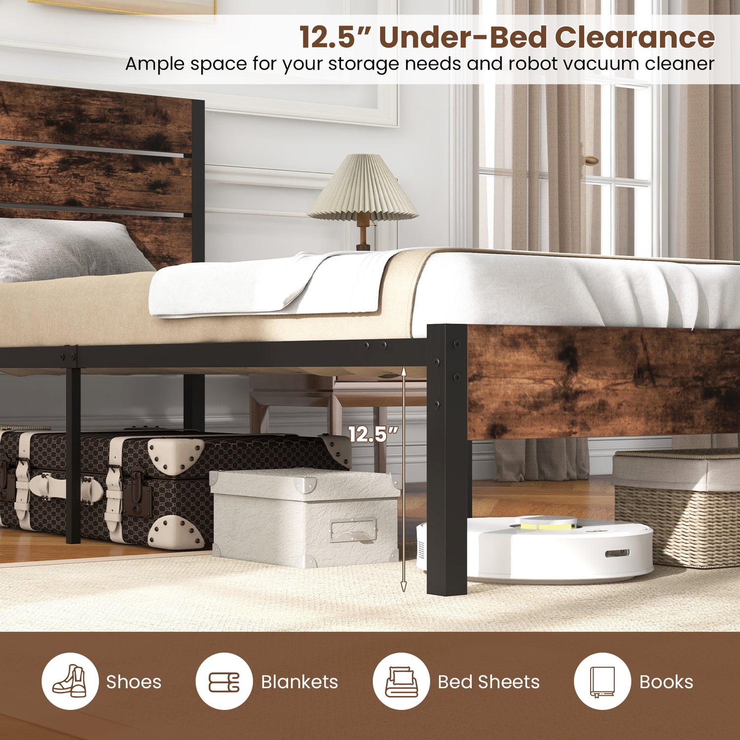 Full/King/Queen/Twin Size Bed Frame with High Headboard and Mute Bar
