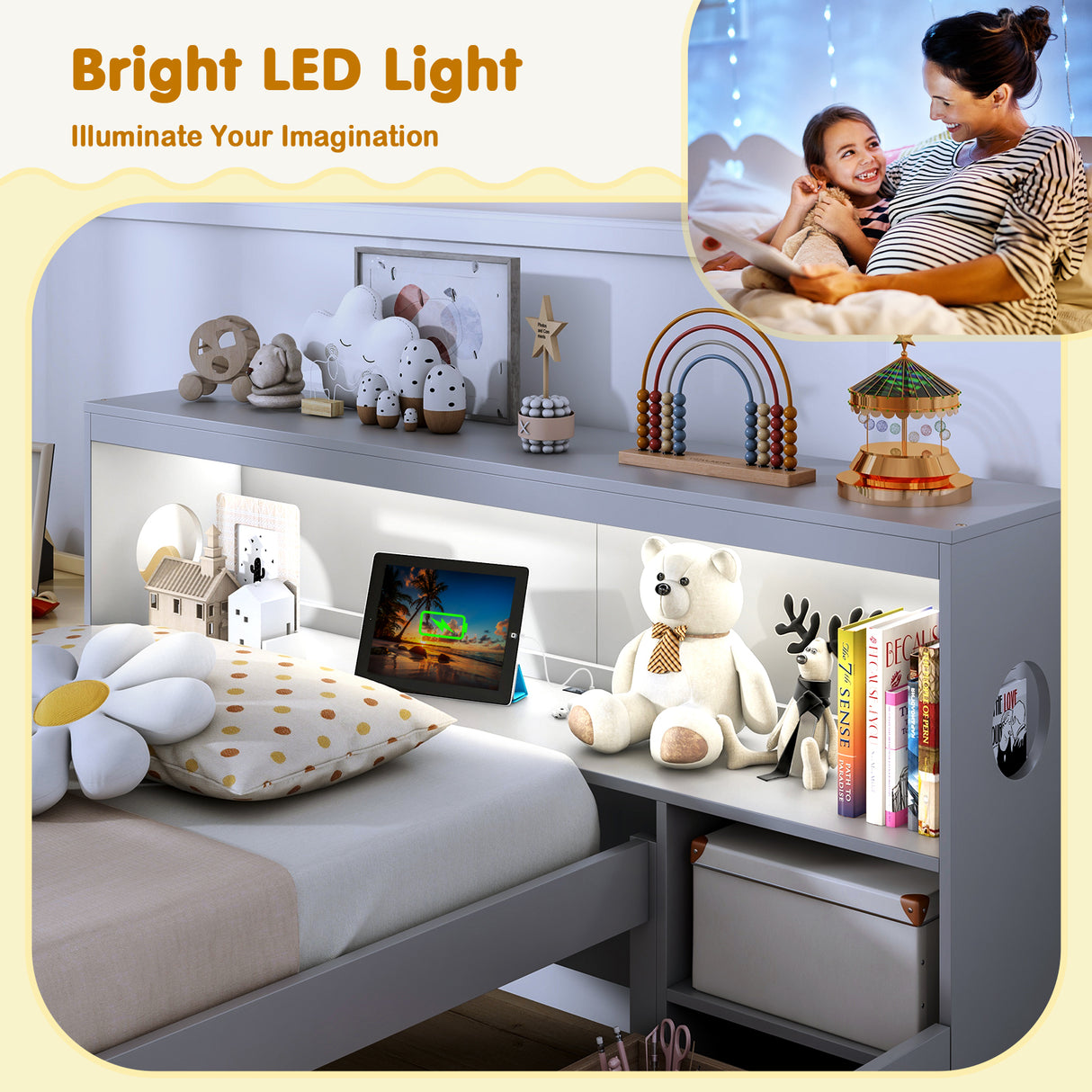 Twin Size Bed Frame with LED Light and Bookcase Headboard