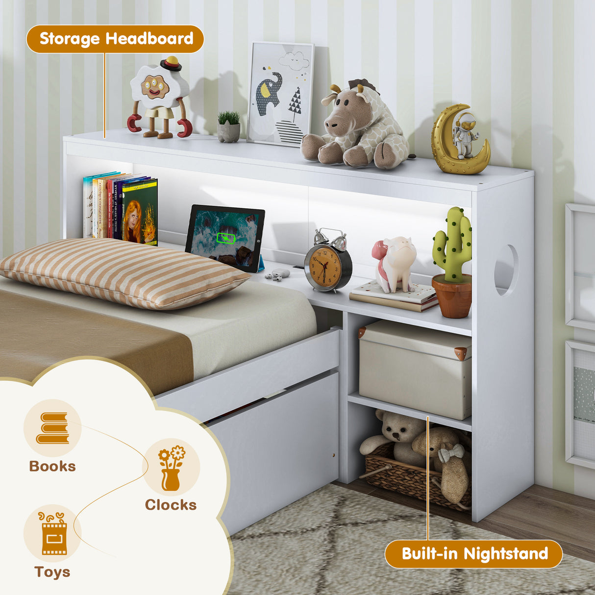 Twin Size Bed Frame with LED Light and Bookcase Headboard