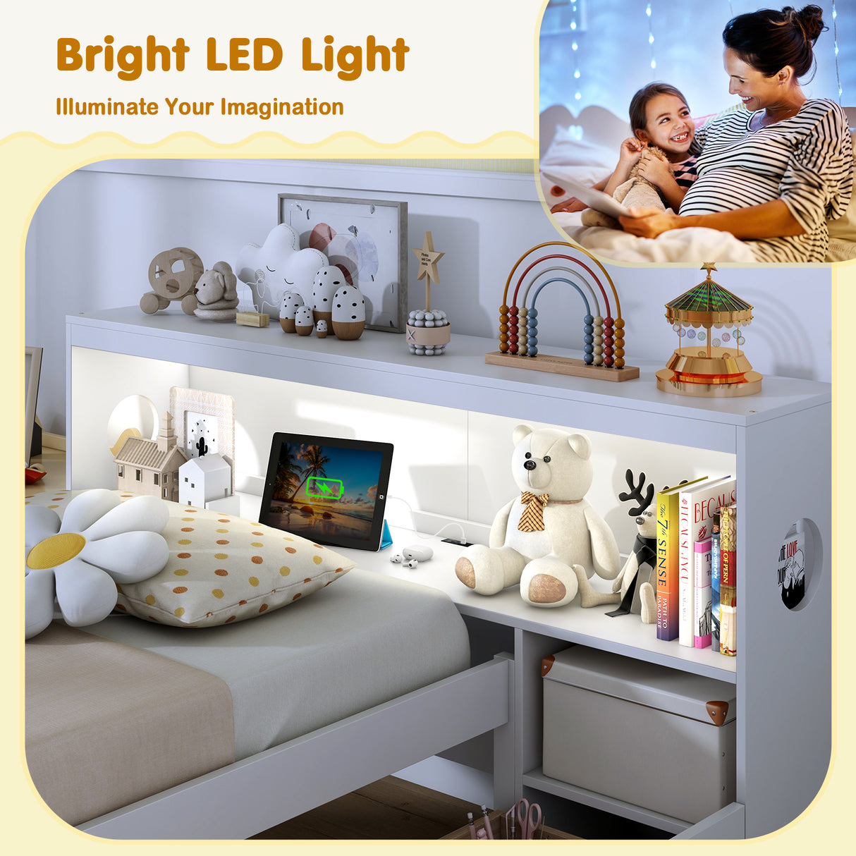 Twin Size Bed Frame with LED Light and Bookcase Headboard