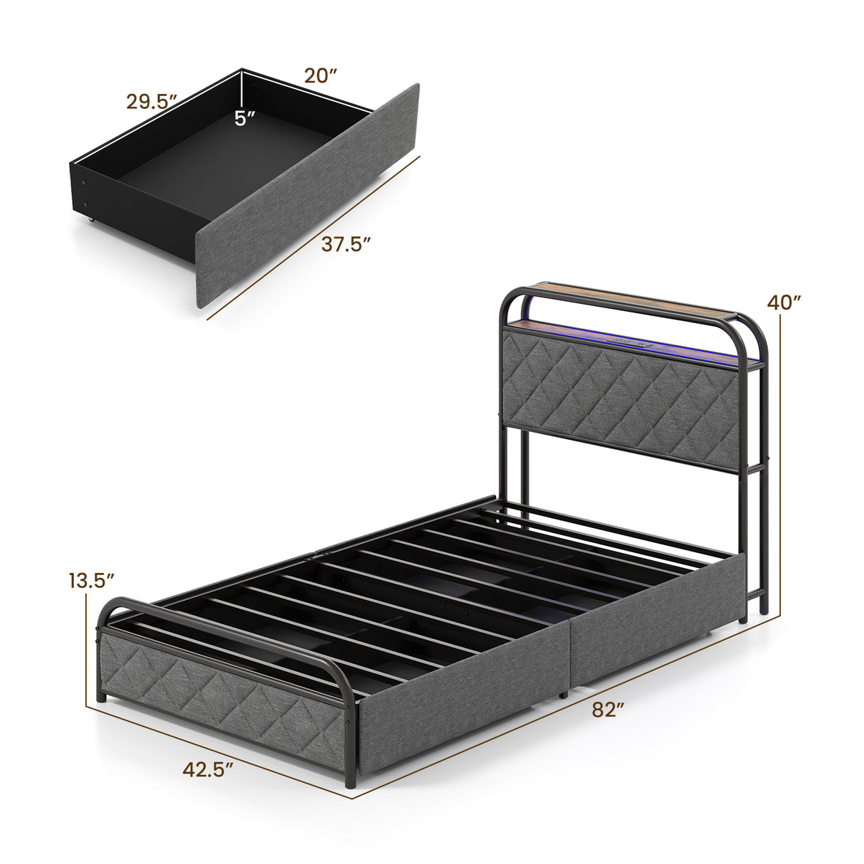 Twin/Full/Queen Size Bed Frame with LED Lights and Charging Station