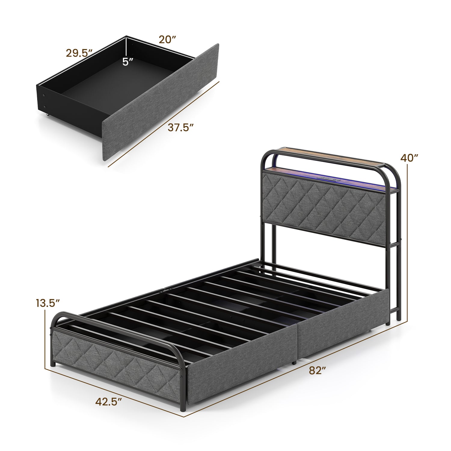 Twin/Full/Queen Size Bed Frame with LED Lights and Charging Station