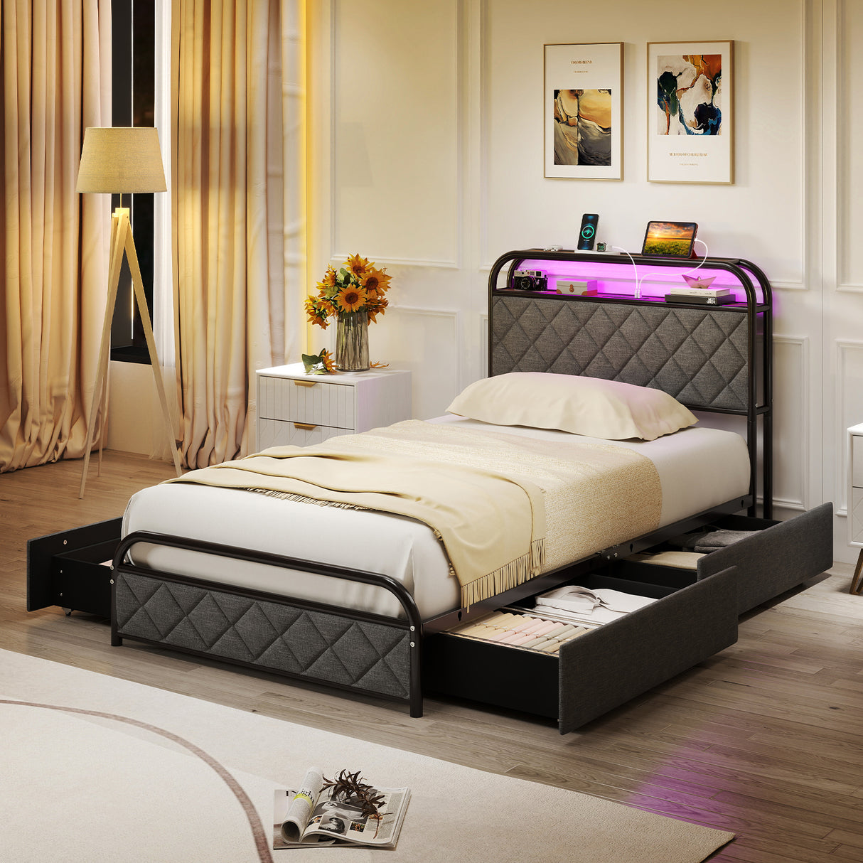 Twin/Full/Queen Size Bed Frame with LED Lights and Charging Station