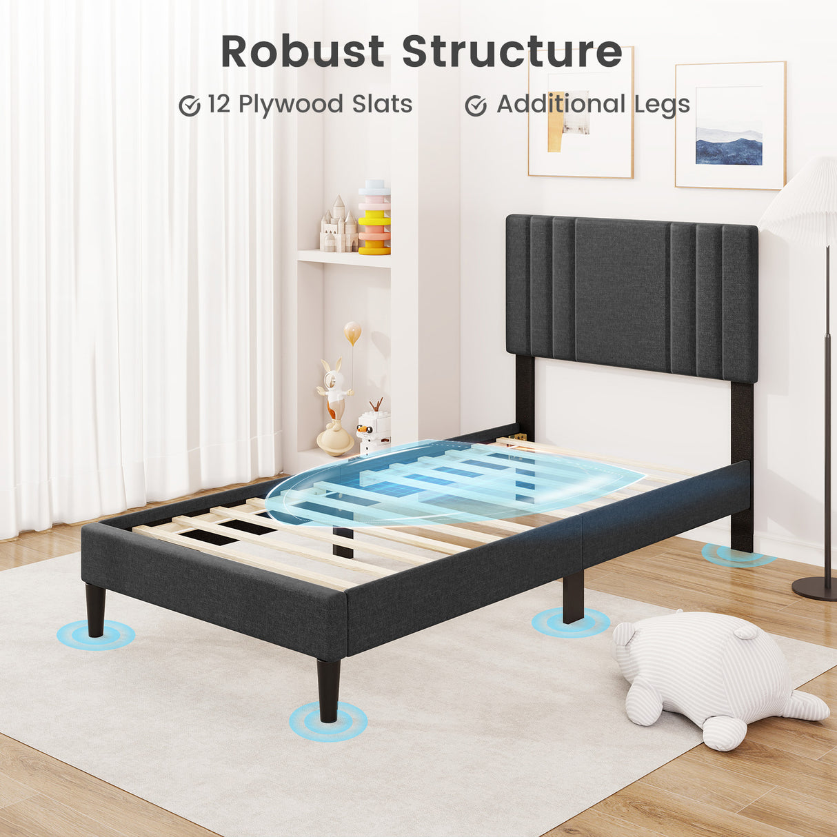 Full/Queen/Twin Size Bed Frame with Vertical Channel Tufted Headboard and Wooden Slats