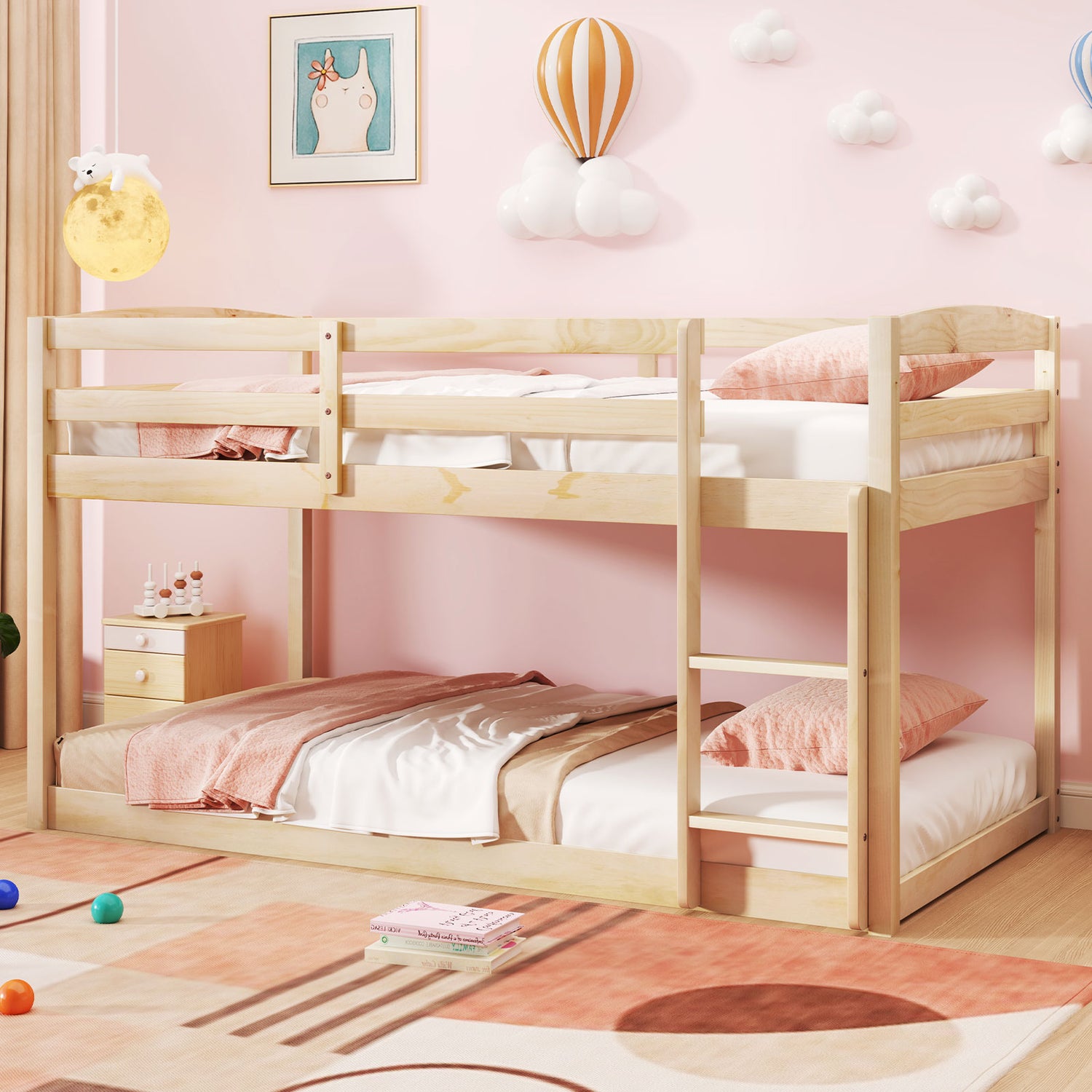 Twin Size Bunk Bed with High Guardrails and Integrated Ladder