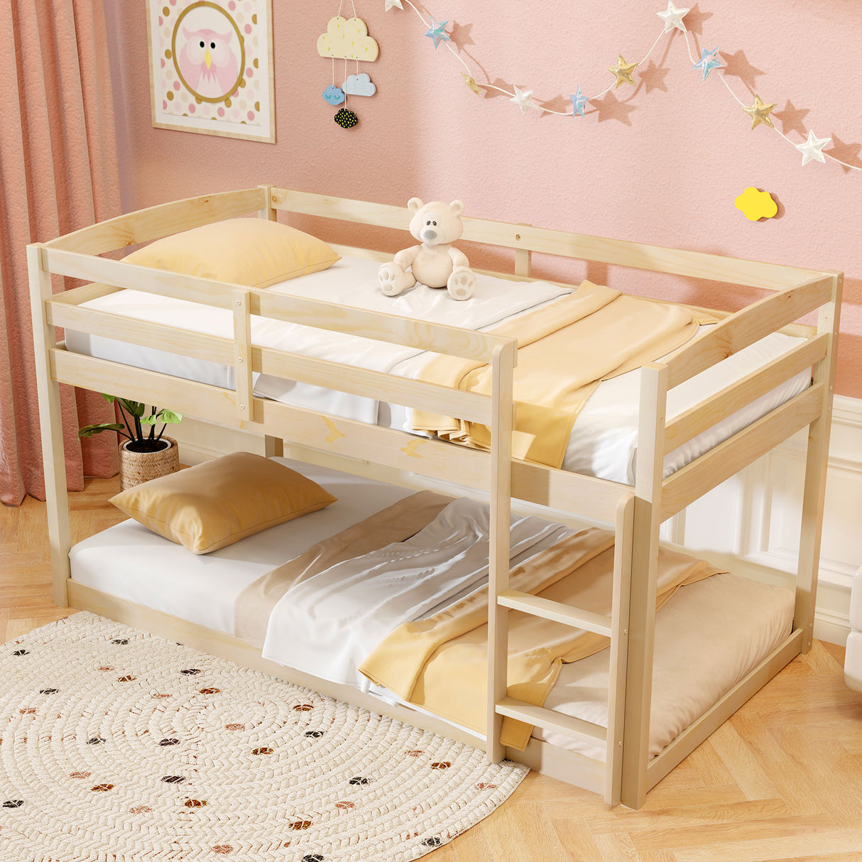 Twin Size Bunk Bed with High Guardrails and Integrated Ladder