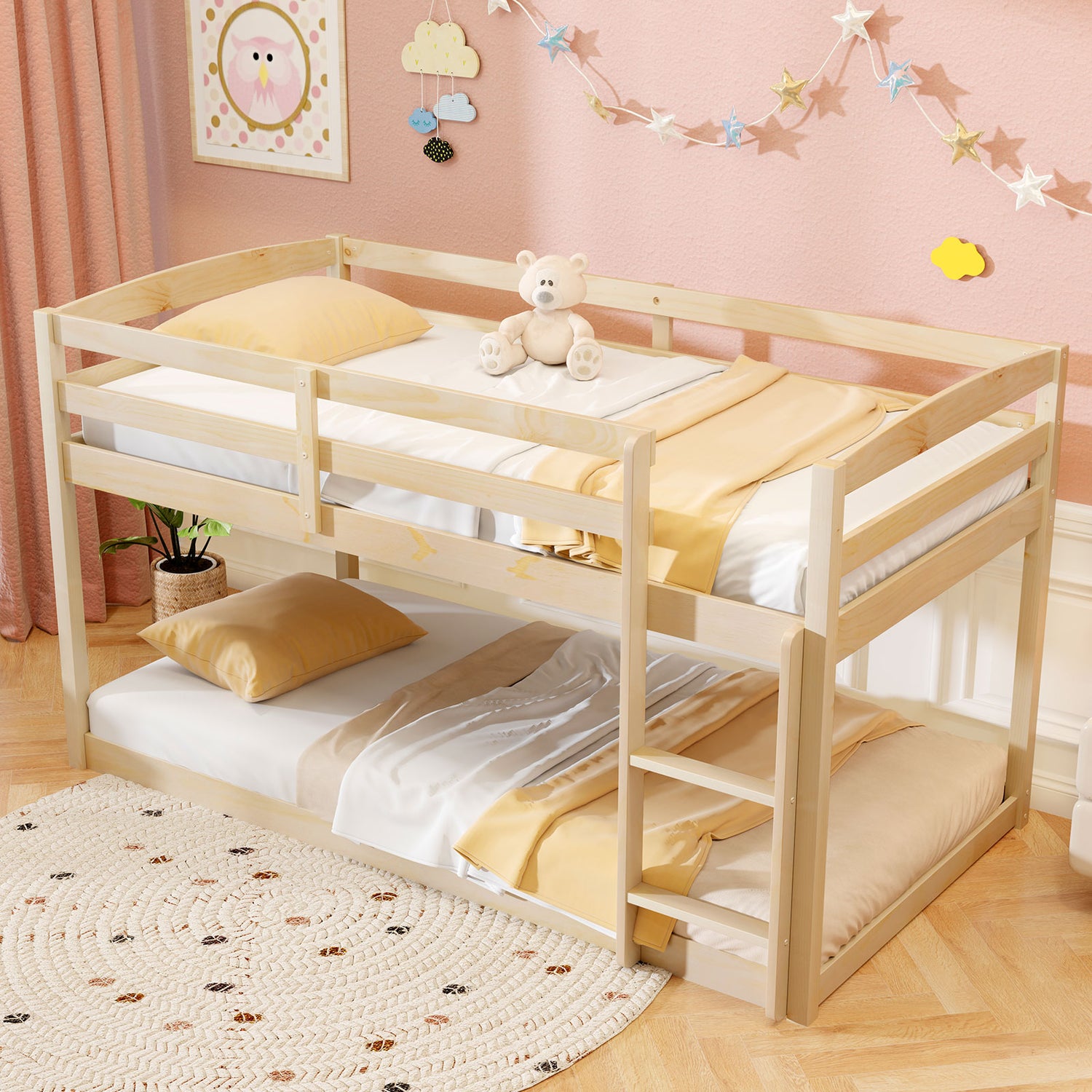 Twin Size Bunk Bed with High Guardrails and Integrated Ladder