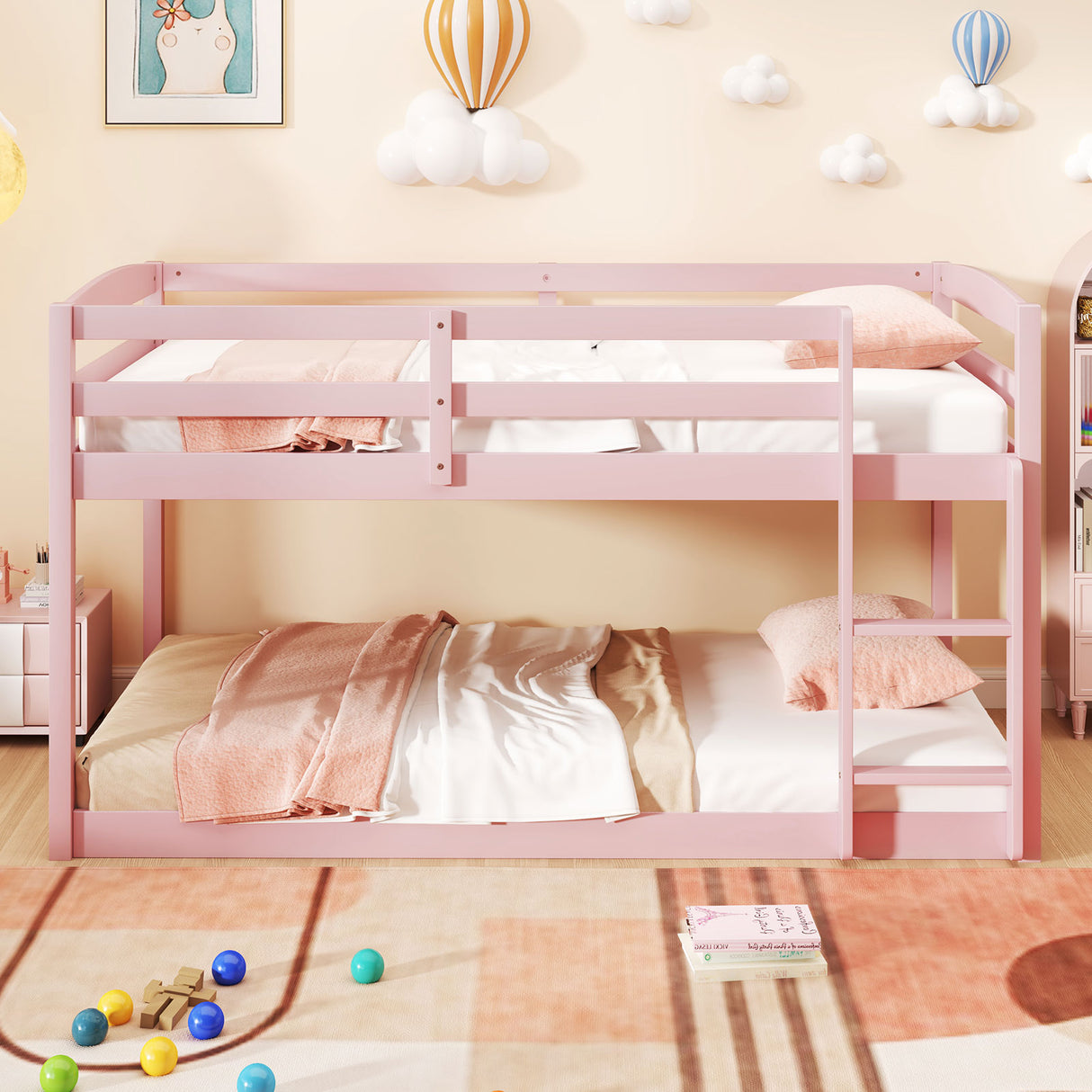 Twin Size Bunk Bed with High Guardrails and Integrated Ladder