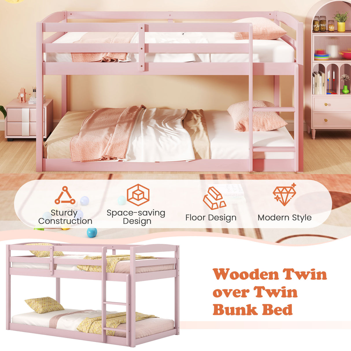 Twin Size Bunk Bed with High Guardrails and Integrated Ladder
