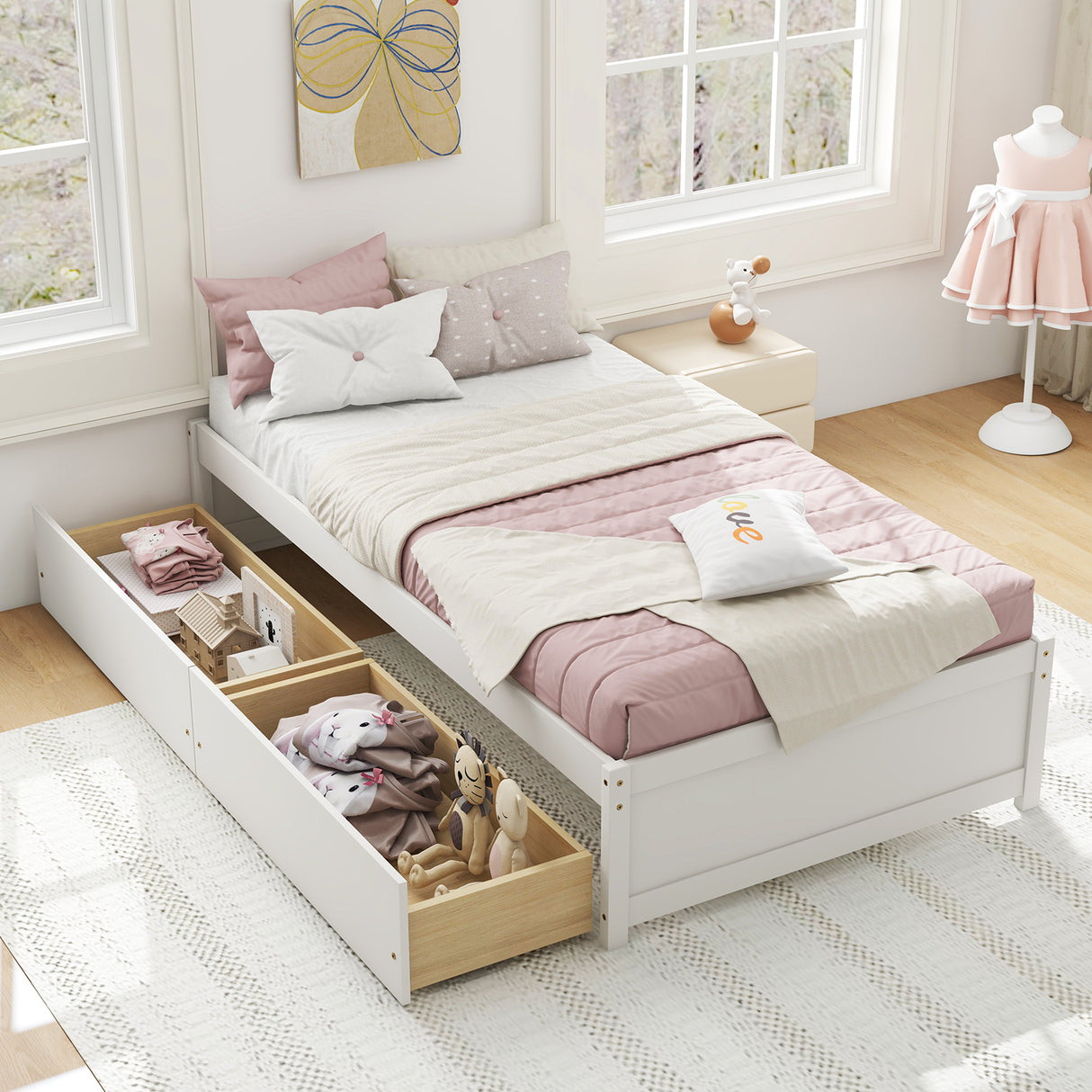 Twin Size Captain Bed with 2 Drawers and Slats Support