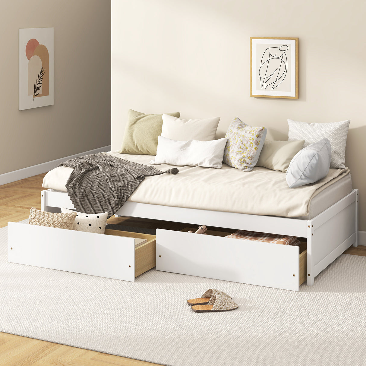 Twin Size Captain Bed with 2 Drawers and Slats Support