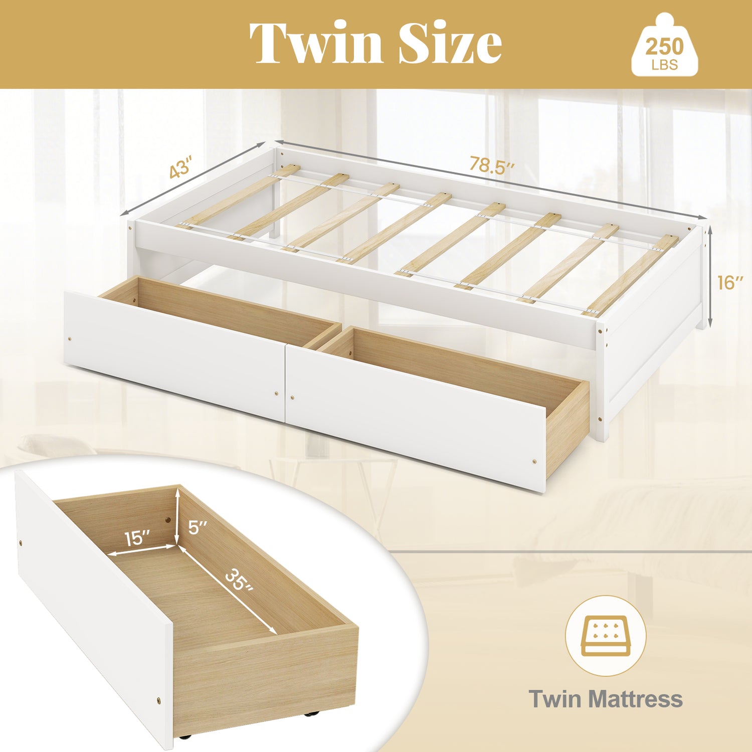 Twin Size Captain Bed with 2 Drawers and Slats Support