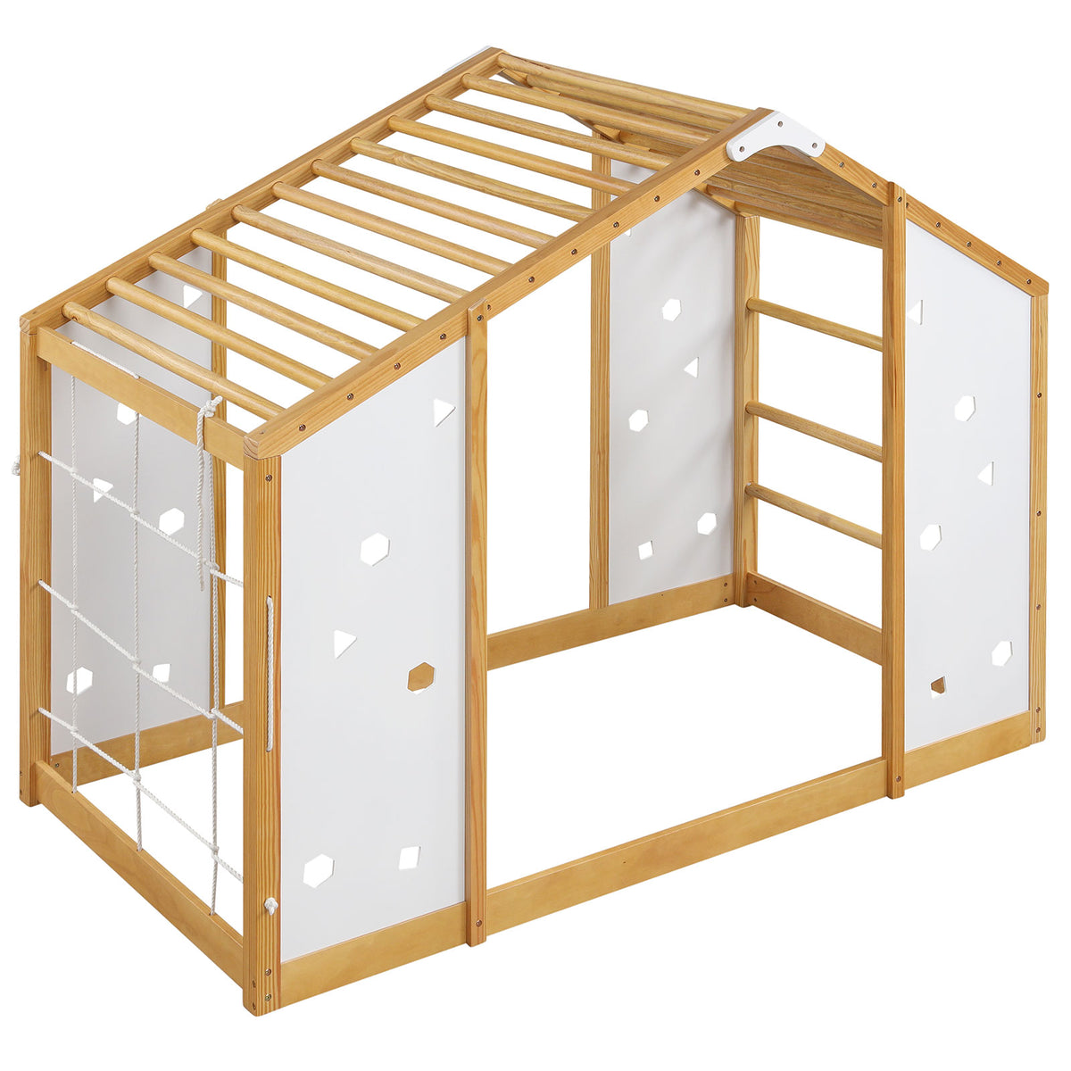 Twin Size Climbing Bed 2-in-1 Montessori Floor Bed with Monkey Bars-Natural and White