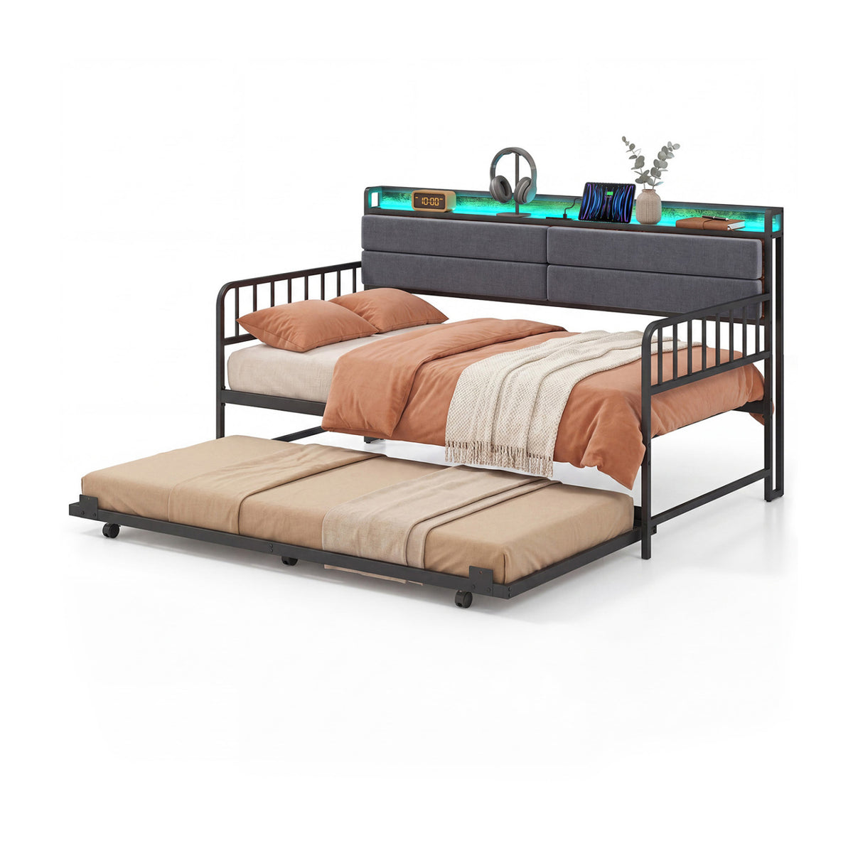 Twin Size Daybed with Trundle and Metal Bed Frame with Headboard