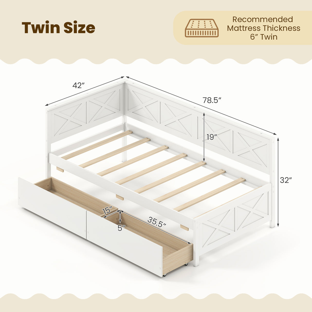 Twin Size Daybed with 2 Storage Drawers No Box Spring Needed