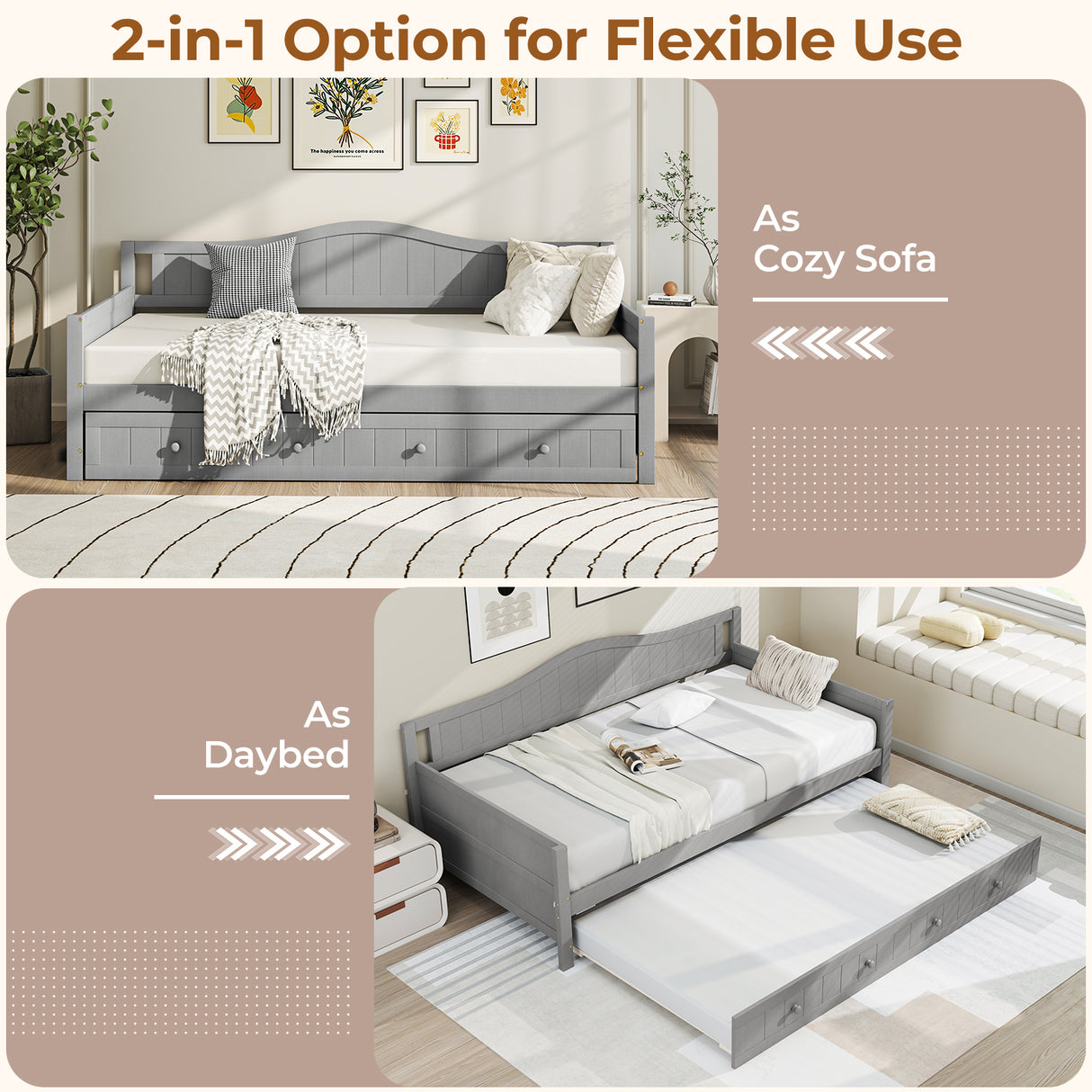 Twin Size Daybed with Trundle and Slats Support on Wheels