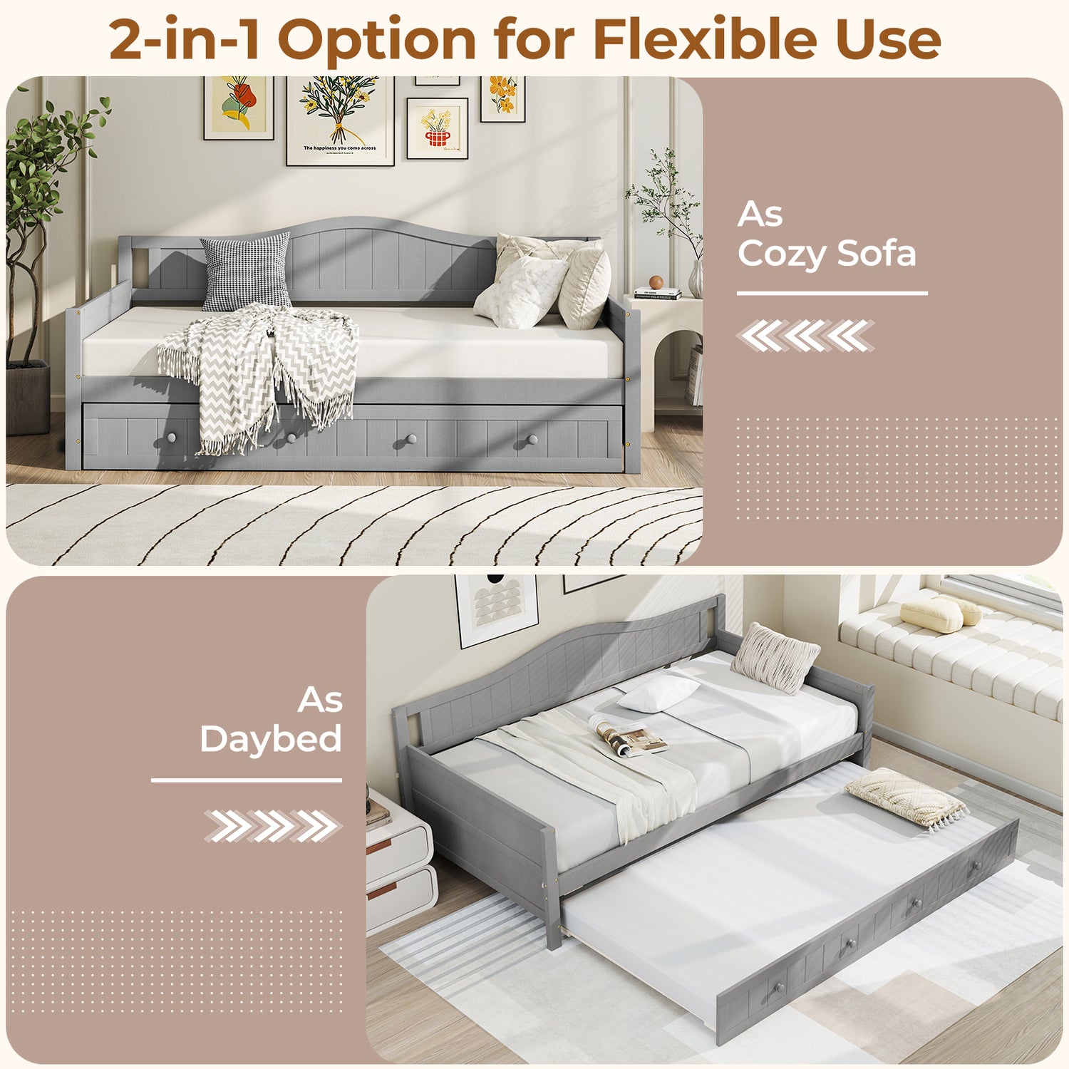 Twin Size Daybed with Trundle and Slats Support on Wheels