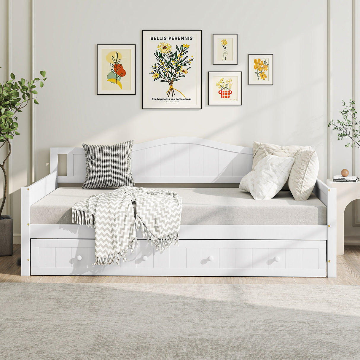 Twin Size Daybed with Trundle and Slats Support on Wheels