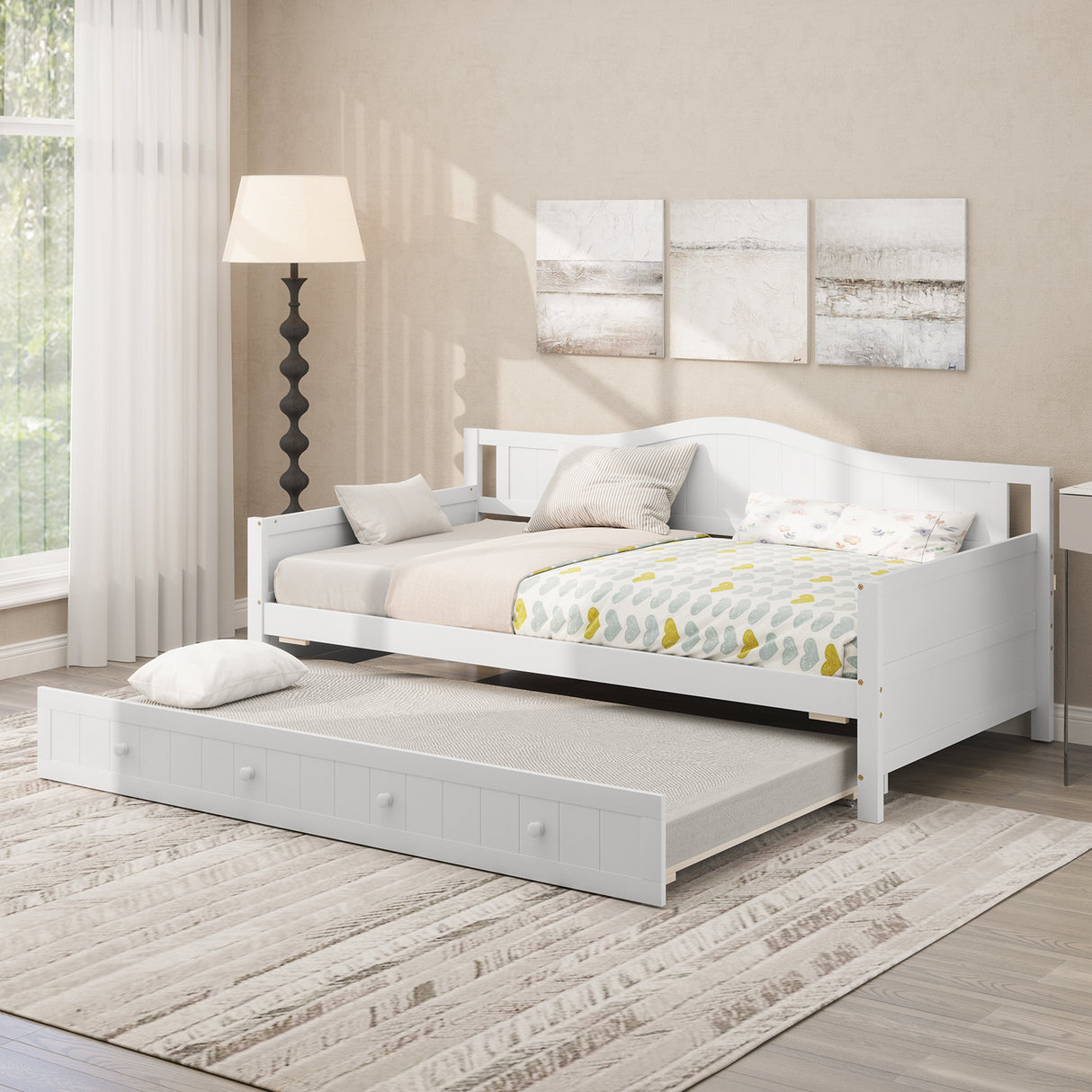 Twin Size Daybed with Trundle and Slats Support on Wheels