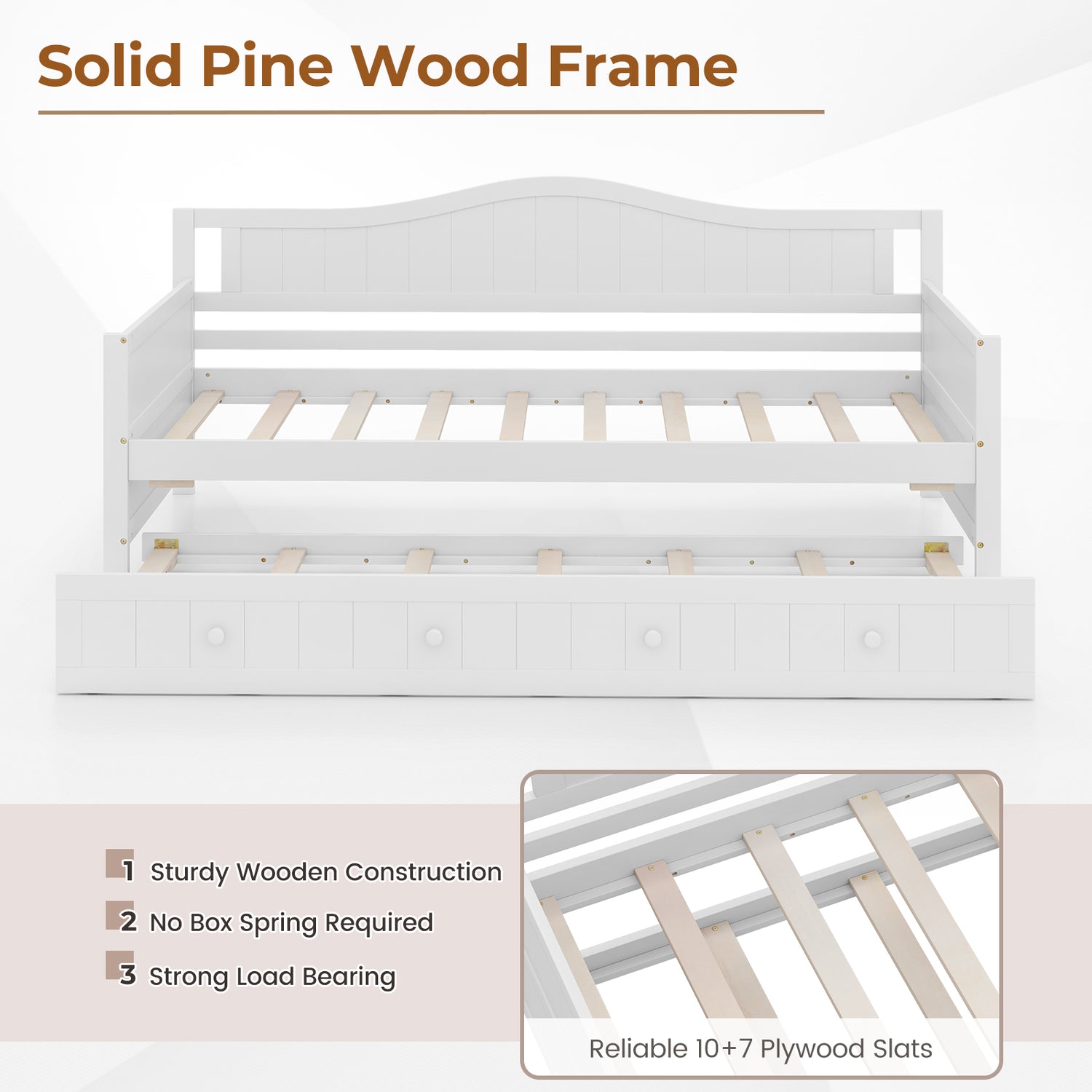 Twin Size Daybed with Trundle and Slats Support on Wheels