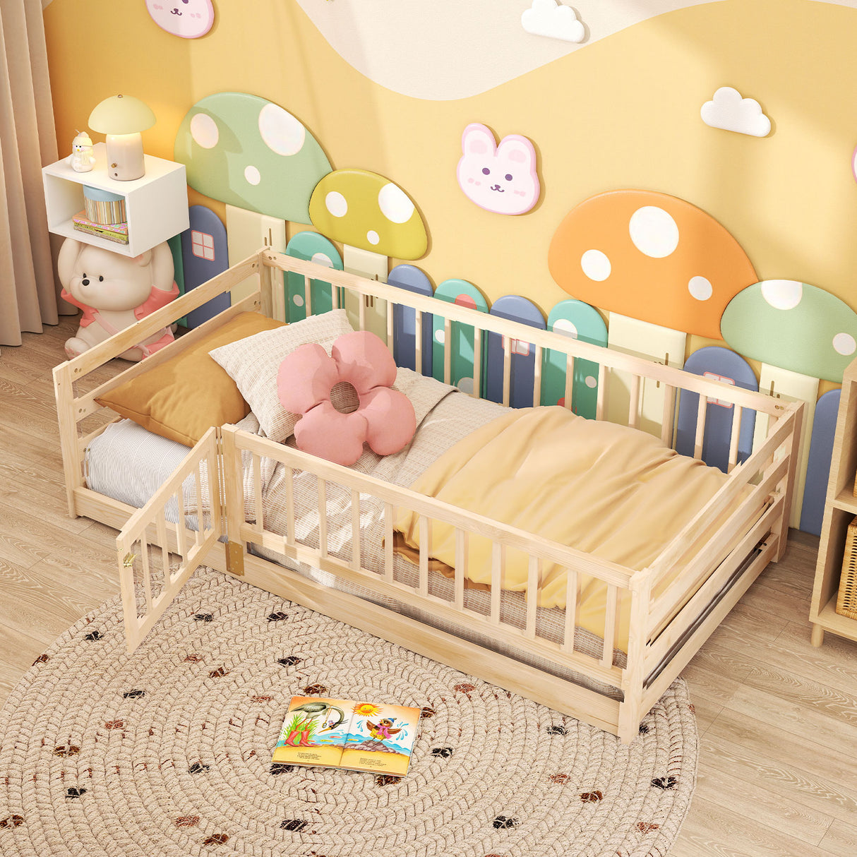Twin Size Floor Bed with High Fence and Door Playhouse for Kids