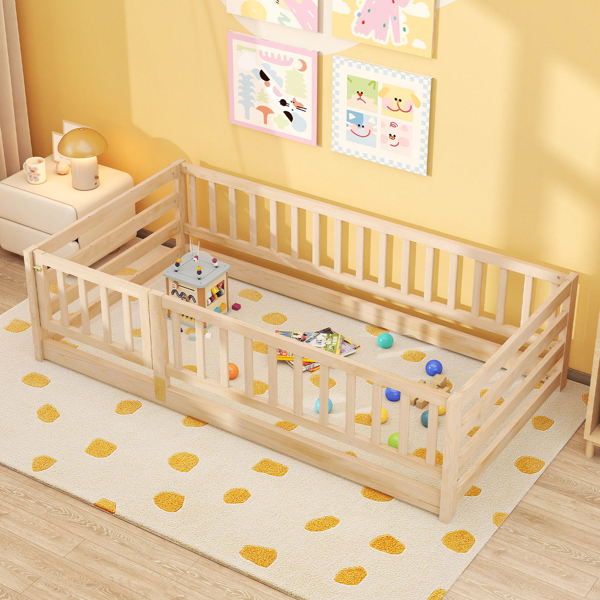 Twin Size Floor Bed with High Fence and Door Playhouse for Kids