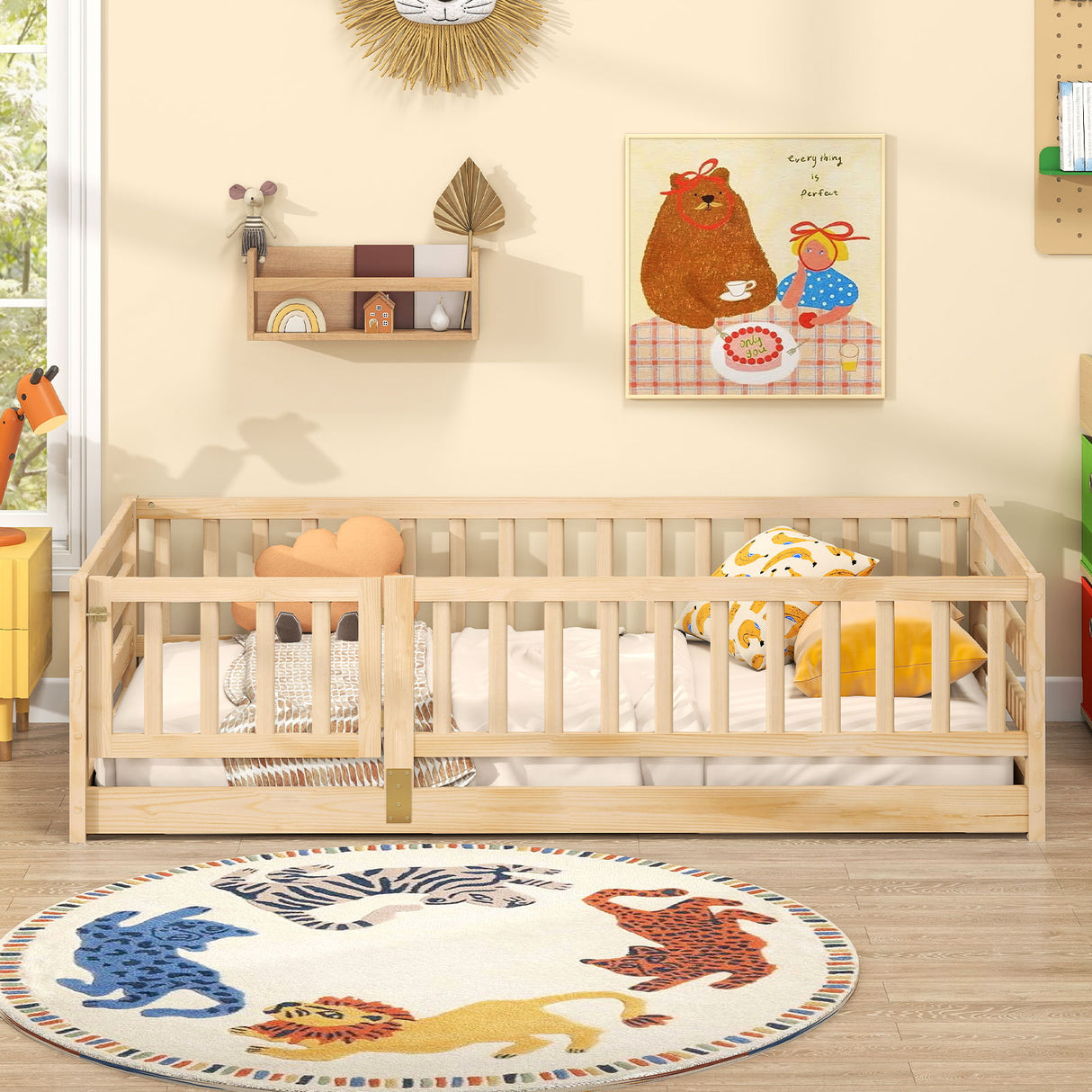 Twin Size Floor Bed with High Fence and Door Playhouse for Kids