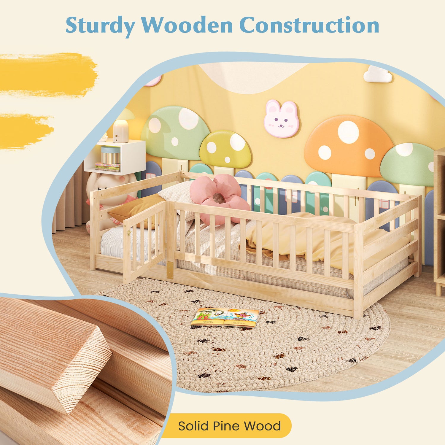 Twin Size Floor Bed with High Fence and Door Playhouse for Kids
