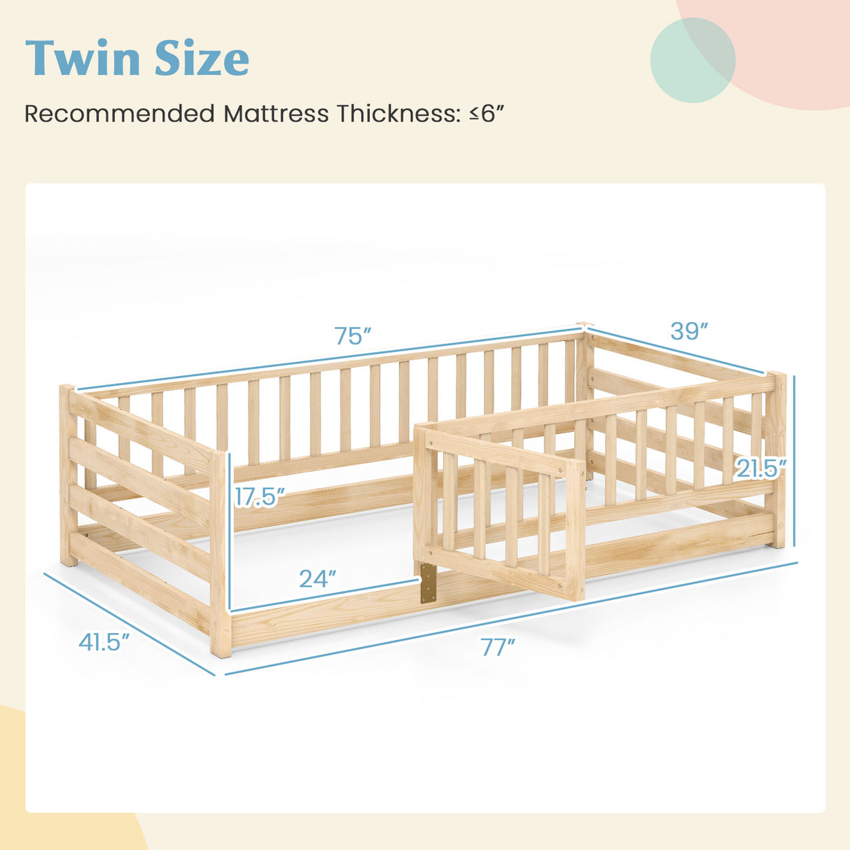 Twin Size Floor Bed with High Fence and Door Playhouse for Kids