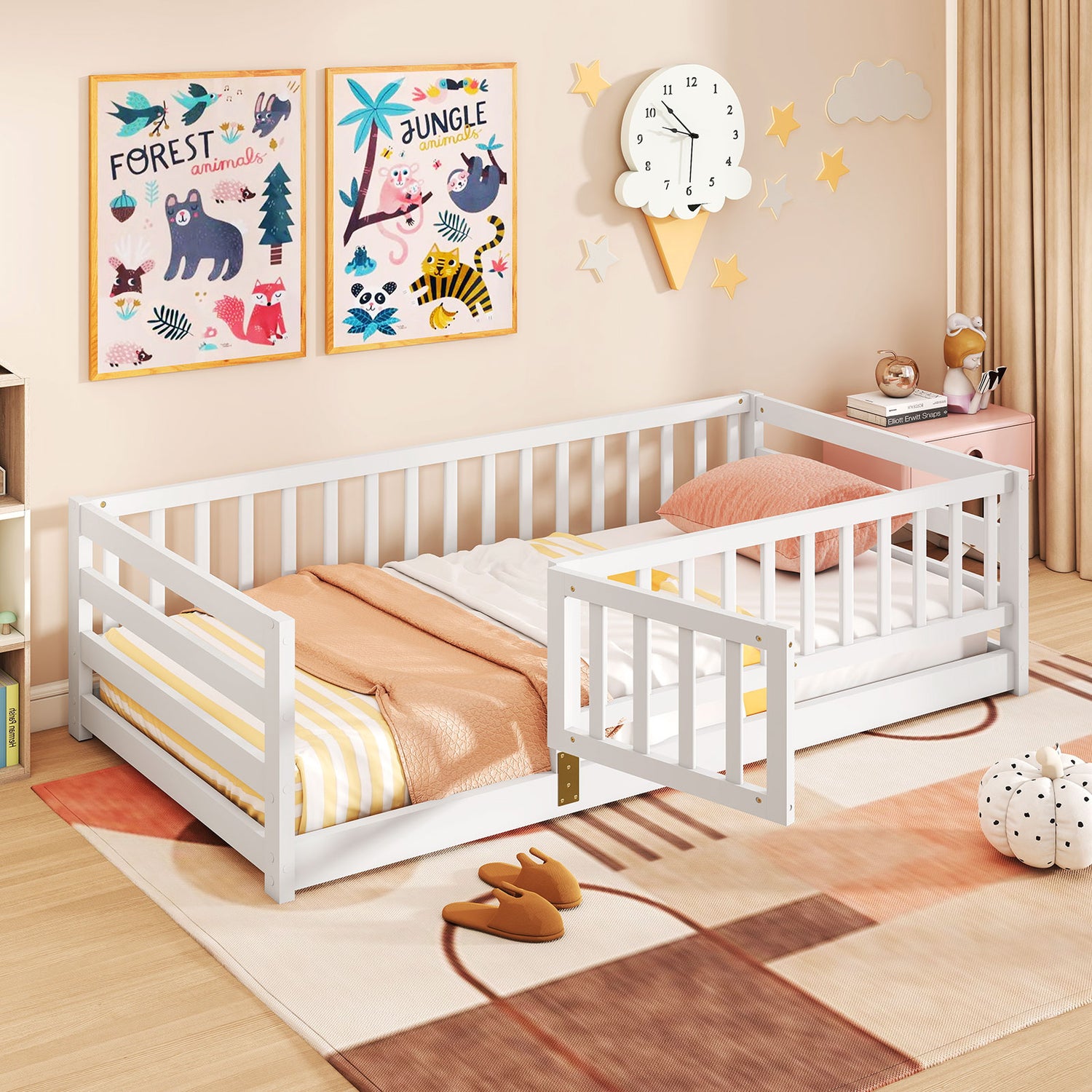 Twin Size Floor Bed with High Fence and Door Playhouse for Kids
