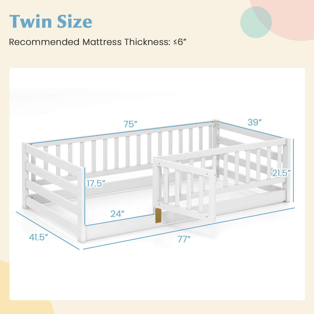 Twin Size Floor Bed with High Fence and Door Playhouse for Kids
