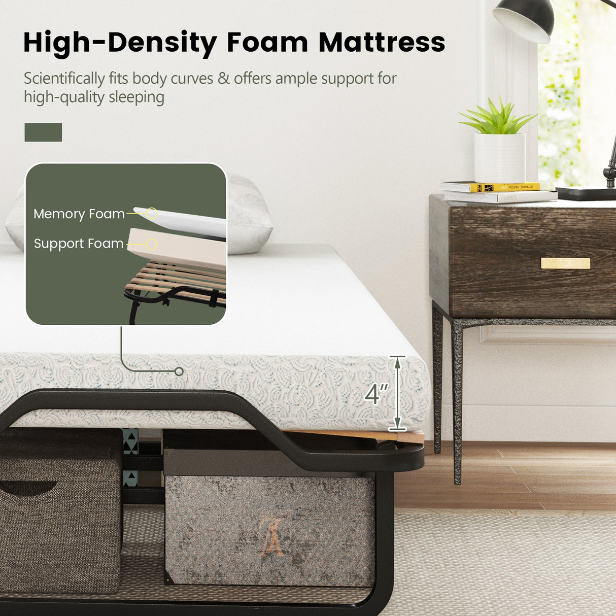 Twin Size Folding Bed with Foam Mattress and Lockable Wheels