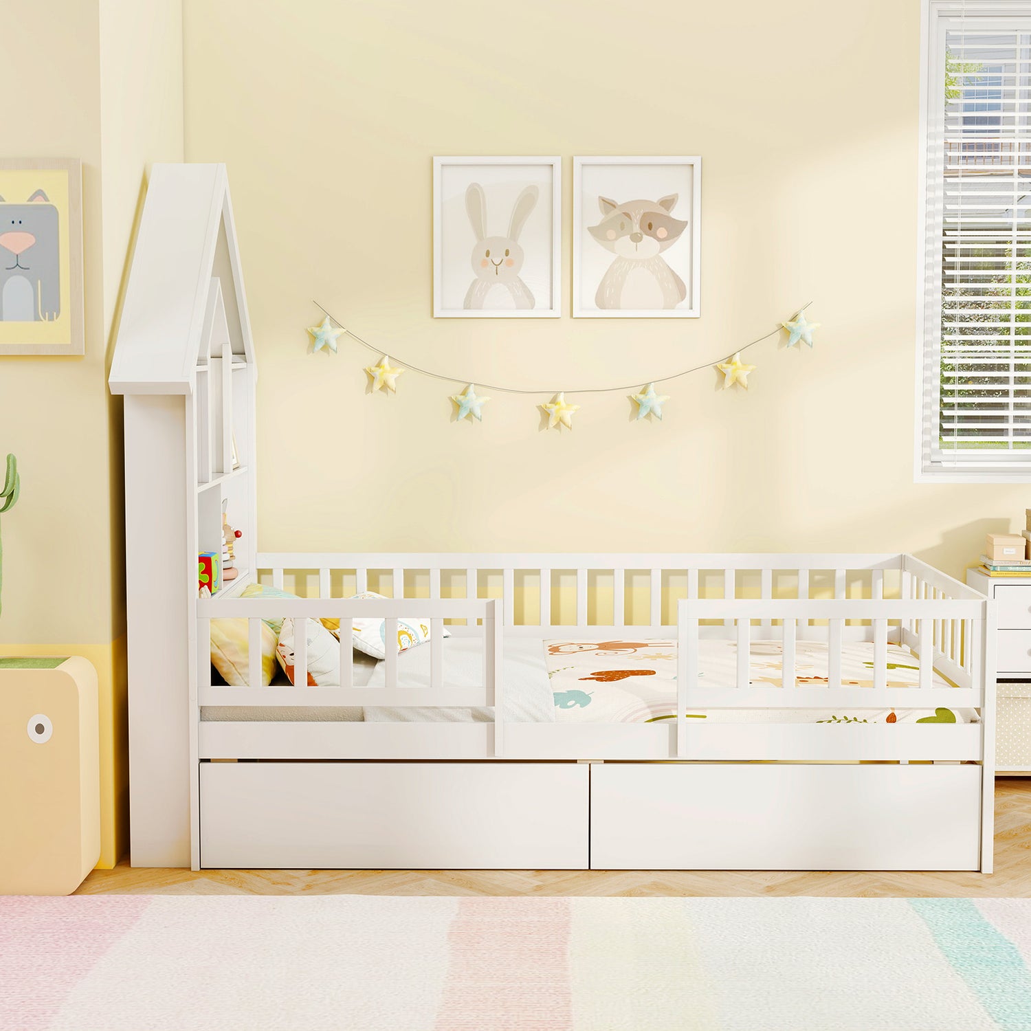 Twin Size House Bed Kids Montessori Bed with House-Shaped Storage Headboard-White