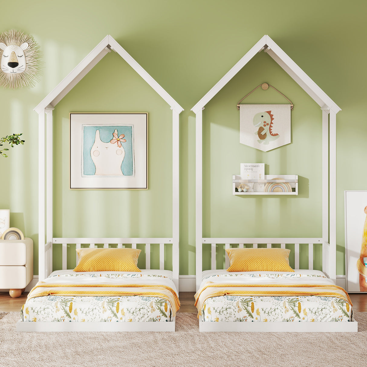 Twin Size House Bed with House Shape Roof and Semi-Fence