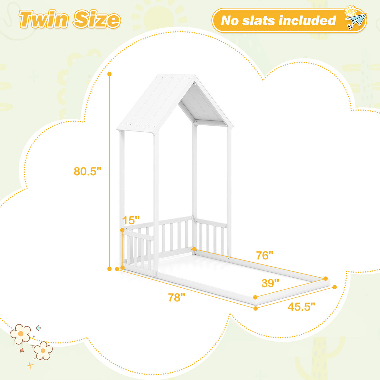 Twin Size House Bed with House Shape Roof and Semi-Fence