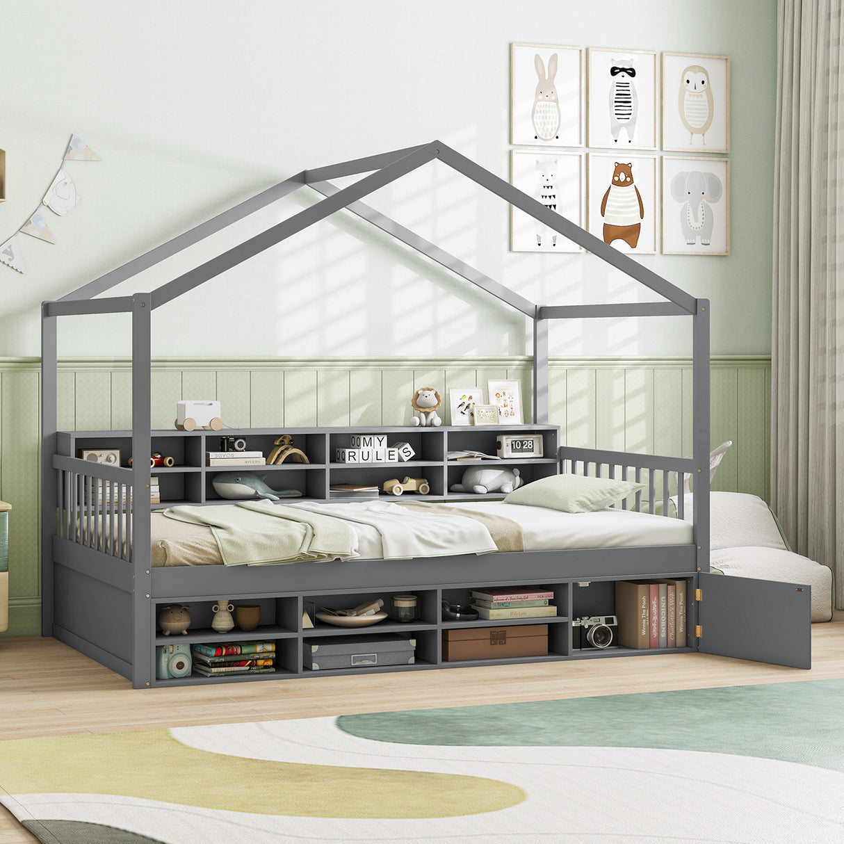 Twin Size House Bed with Roof with 14 Storage Cubes and Enclosed Cabinet
