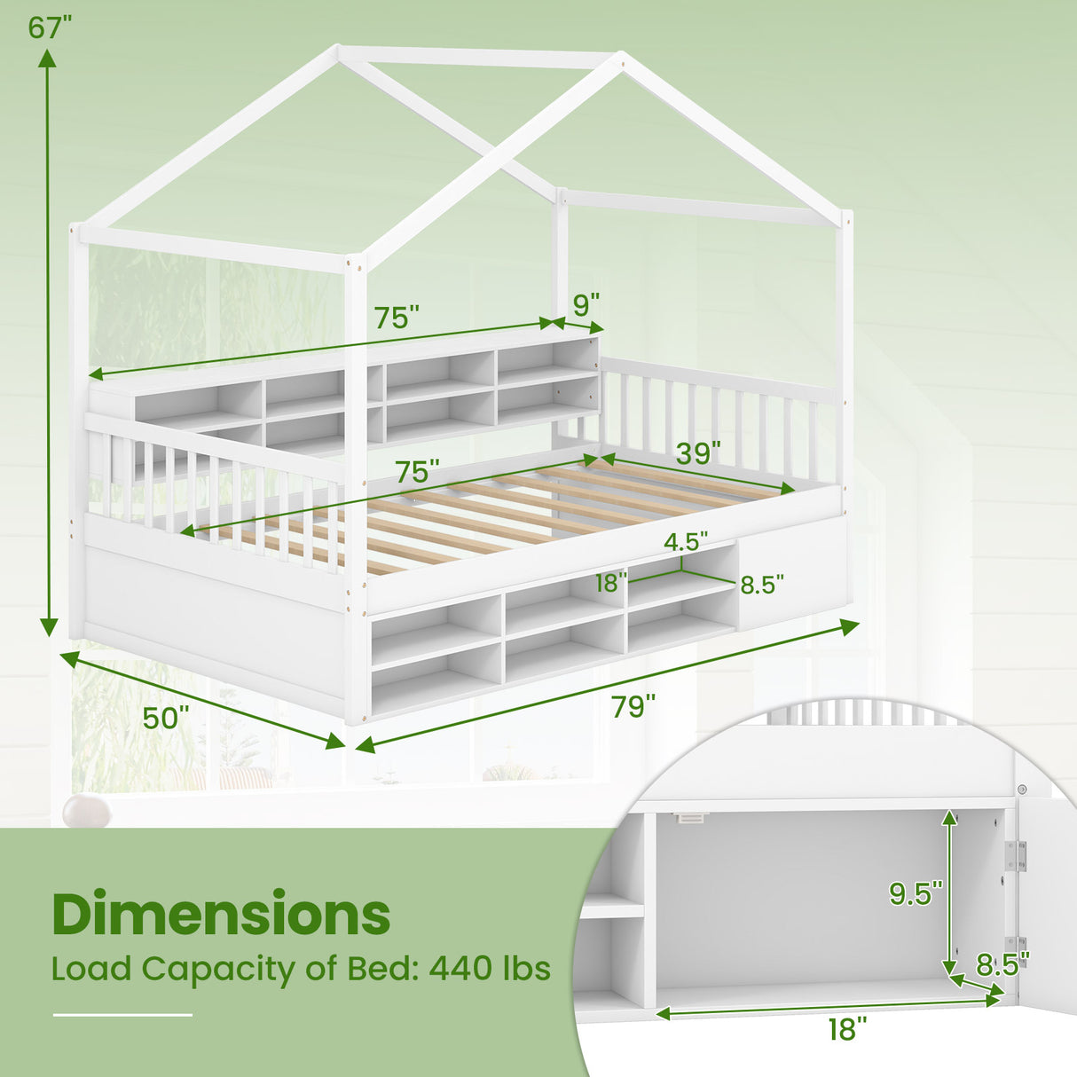 Twin Size House Bed with Roof with 14 Storage Cubes and Enclosed Cabinet