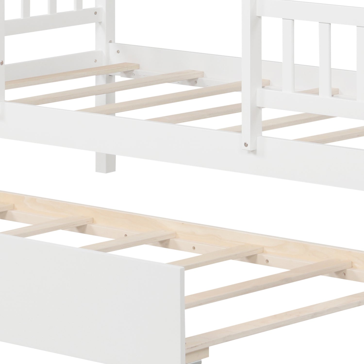 Twin Size House Bed with Trundle Kids Platform Bed with Roof Window-White