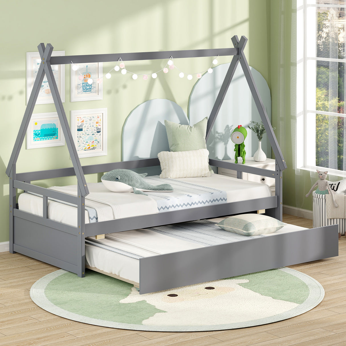 Twin Size House Bed with Trundle and Safety Guardrail