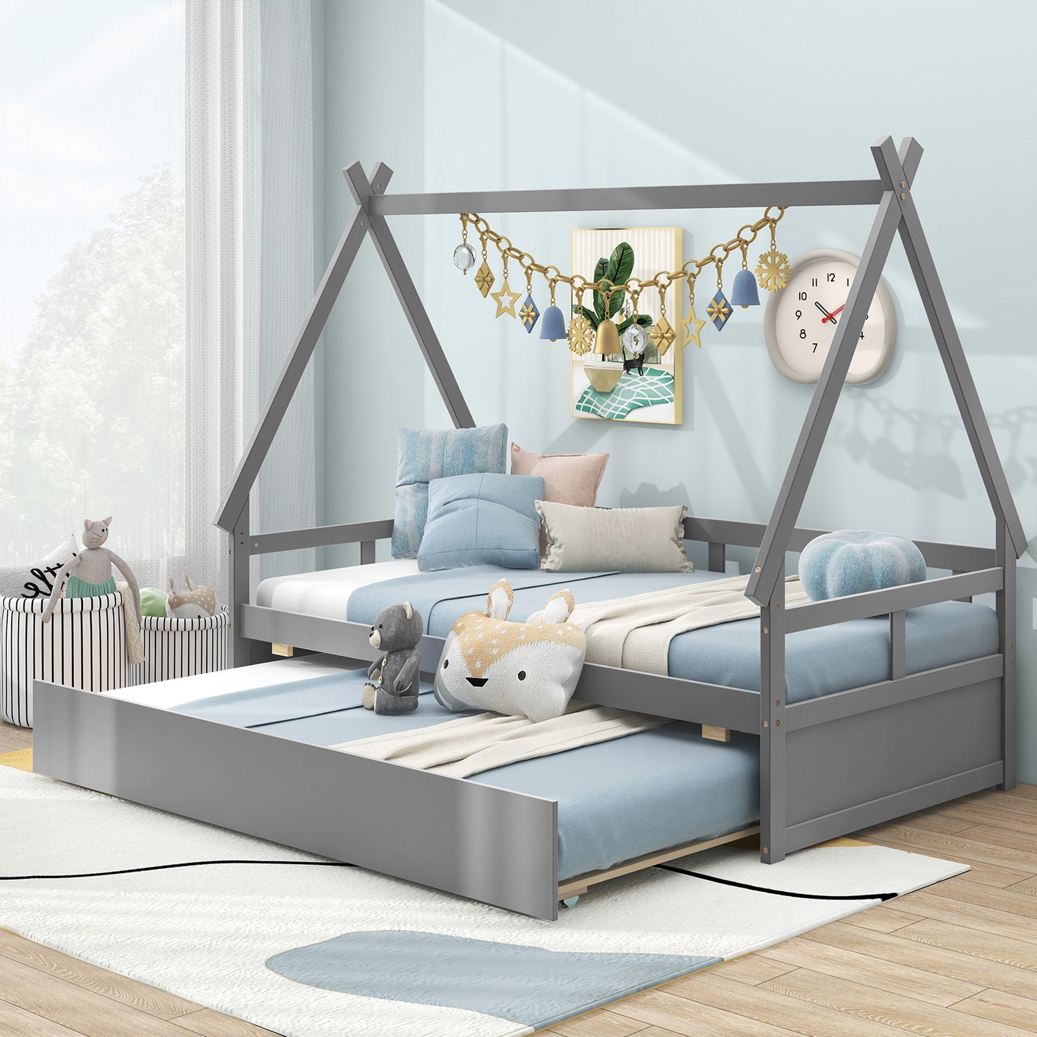 Twin Size House Bed with Trundle and Safety Guardrail