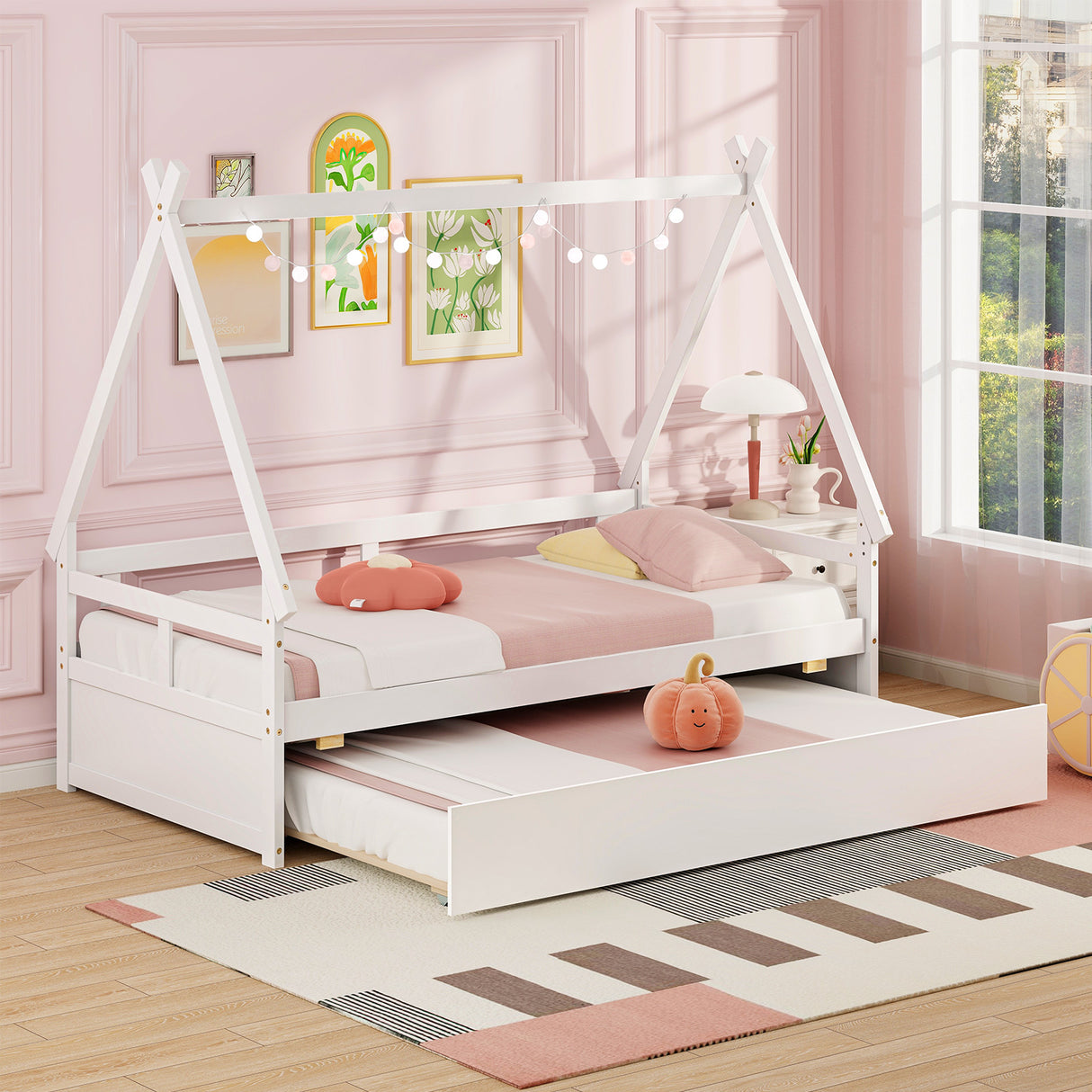 Twin Size House Bed with Trundle and Safety Guardrail